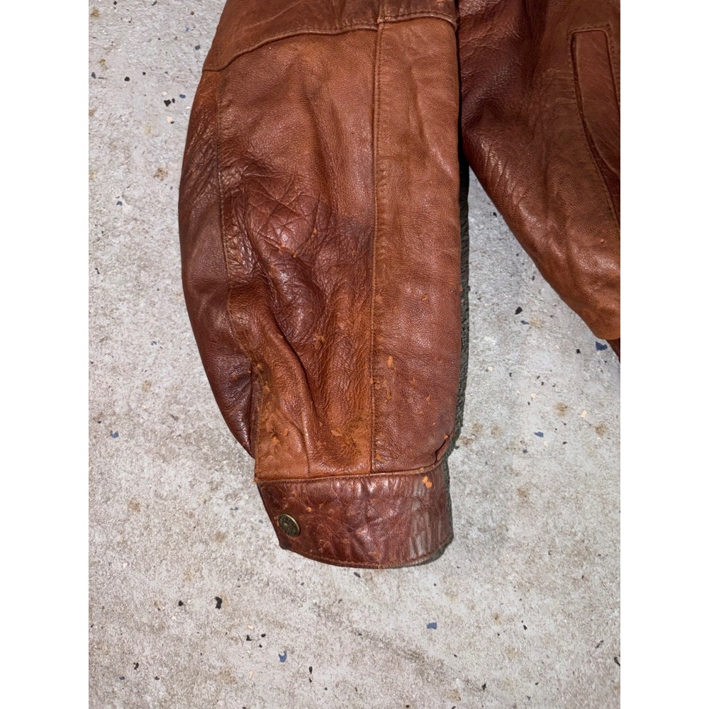 Vintage Pour Le Sport Brown Leather Bomber Jacket Mens Size 40 Oversized 90s - Picture 9 of 9